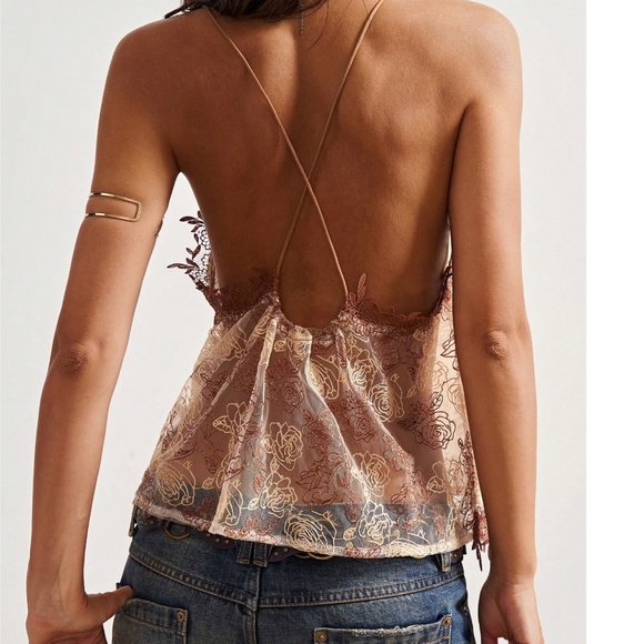 Boho Floral Embroidered Lace Criss Cross Back Cami Tank Top - Picture 5 of 6